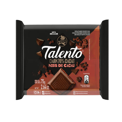 CHOCOLATE GAROTO TALENTO DARK 70% NIBS CACAU 75g